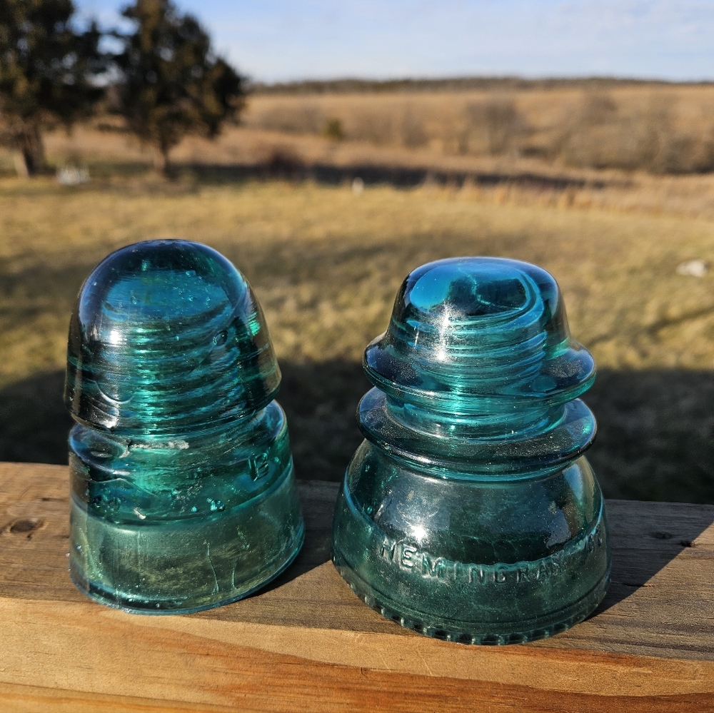Set Of 2 Glass Insulator Pole Caps, Hemingray 42 Teal Blue Green Made In USA